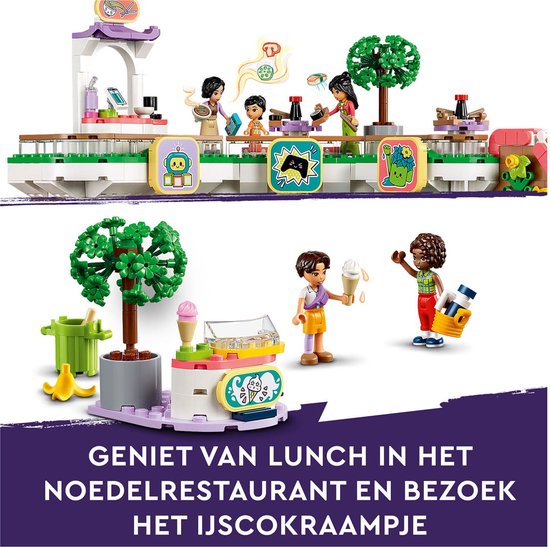 Chariot à glaces et stand de restauration rapide LEGO Friends avec des personnages. Profitez d'un déjeuner au restaurant de nouilles et visitez le stand de glaces.