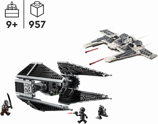 LEGO Star Wars bouwset met een zwarte TIE Interceptor en een witte Mandalorian Fang Fighter. Inclusief 3 minifiguren.