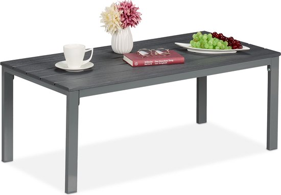 tuintafel laag - 39 x 98 x 48 cm - weerbestendig - houtlook - metalen poten - grijs
