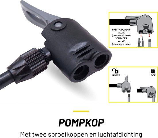 Dunlop Staande Fietspomp Pro uitvoering - Analoge Drukmeter - Dubbele Ventielkop - Zwart