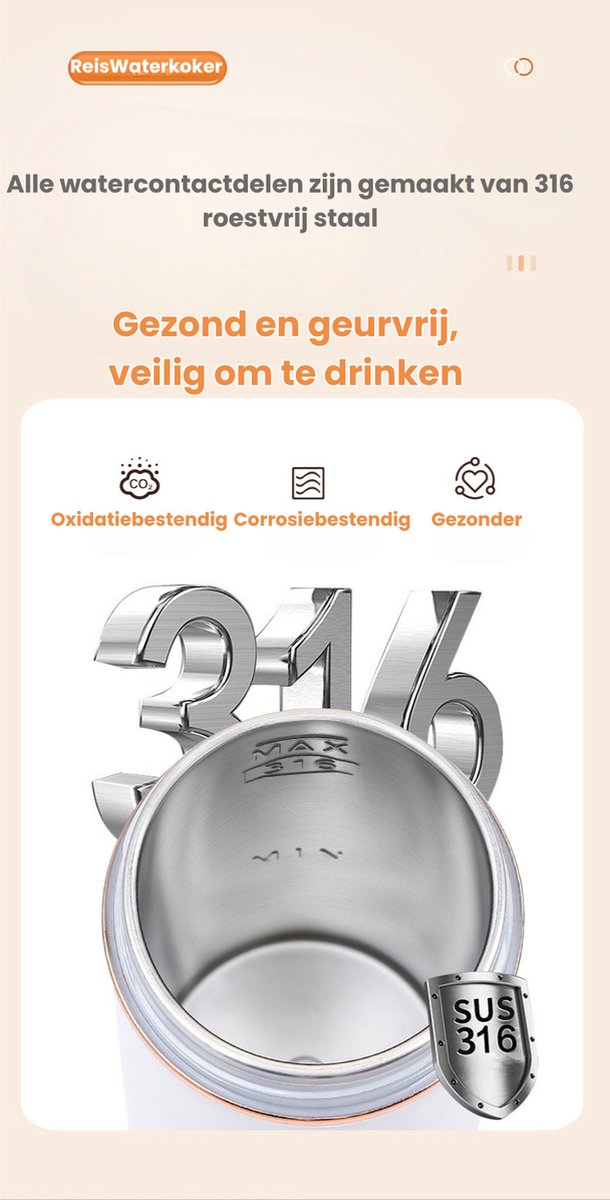 Kleine draagbare waterkoker, 500 ml, 4 temperaturen, elektrische mini-waterkoker, met borstel en opbergzak, roestvrij staal, automatische uitschakeling, voor melk, koffie, thee