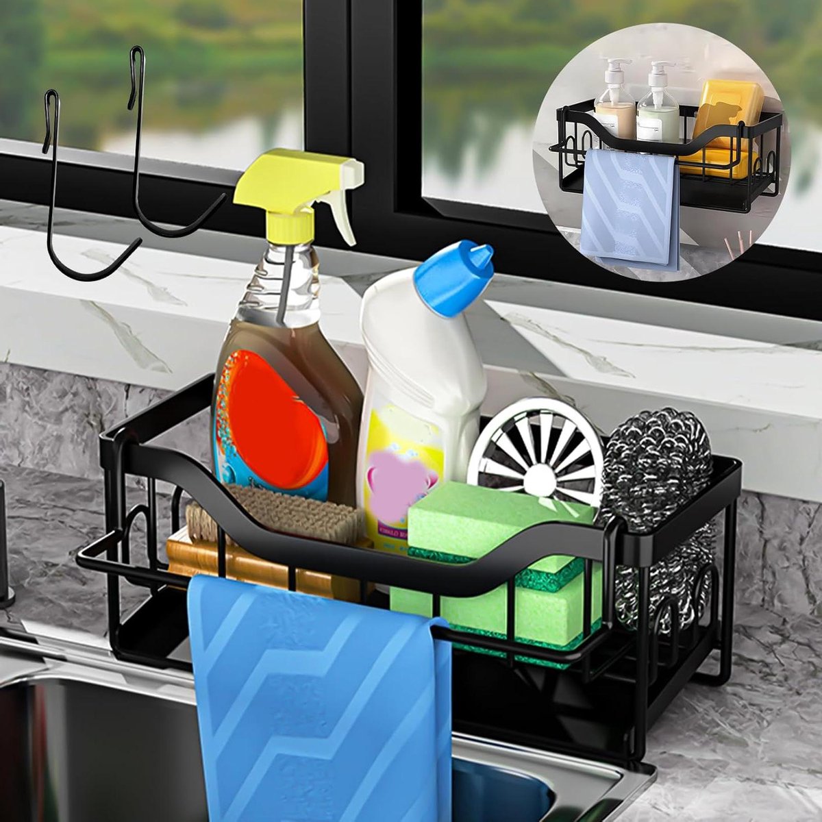Keukenspoelbak-organizer zwart multifunctioneel 2-in-1 - Keukenafvoer rek - Geen boren - Sponshouder droogrek - Afvoerpan voor spons - Spoelbakstop - Borstel en doek opbergrek sponshouder gootsteen magnetische