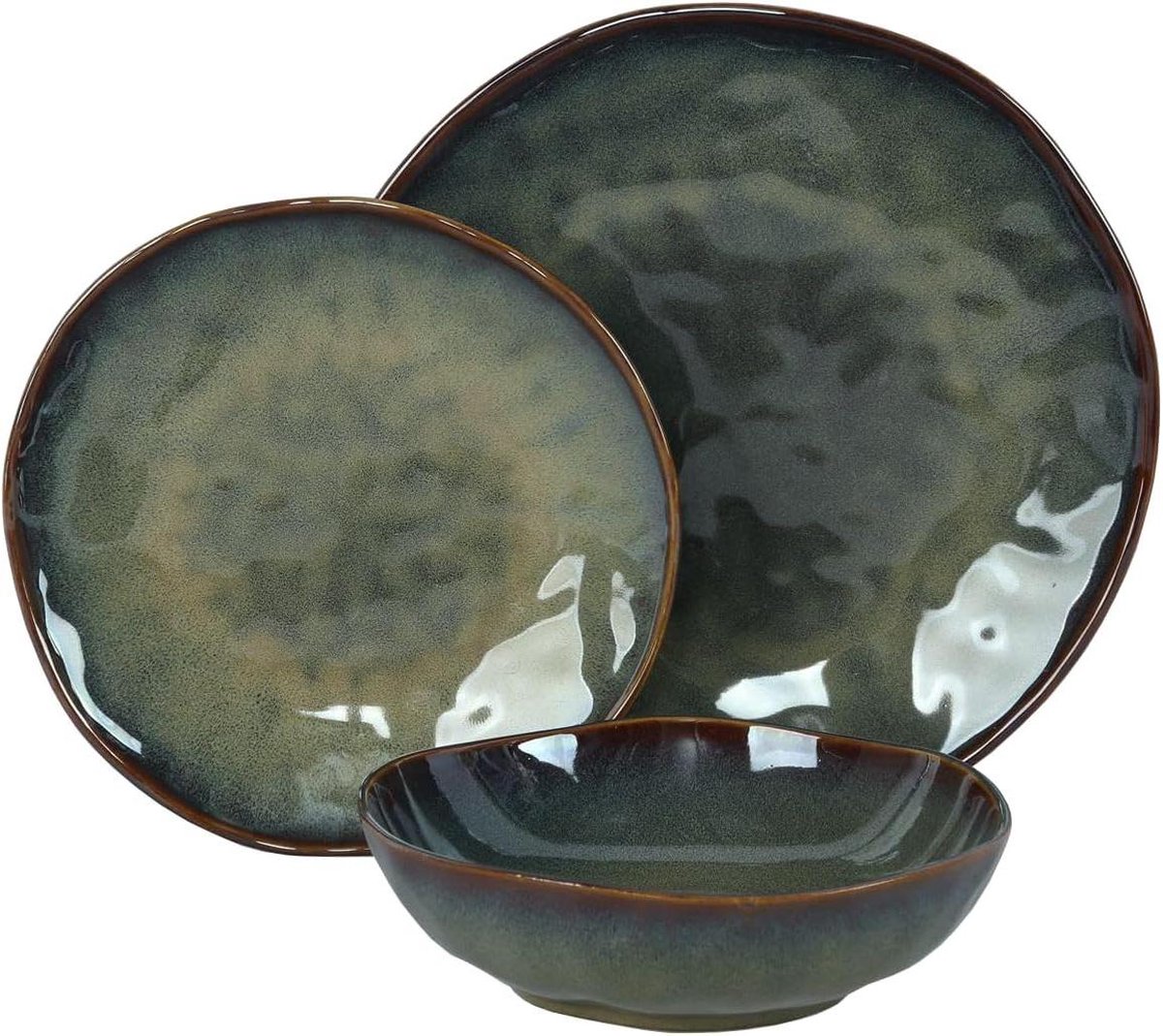 Bordenservies voor 6 personen - 18-delige kleurrijke keramische borden - vaatwasserbestendig - magnetronbestendig - donkergroen bordenset 6 person