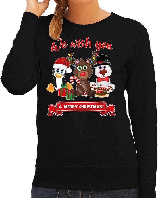 Foute Kersttrui/sweater voor dames - We wish you - zwart - kerst dieren - kerst cadeau M