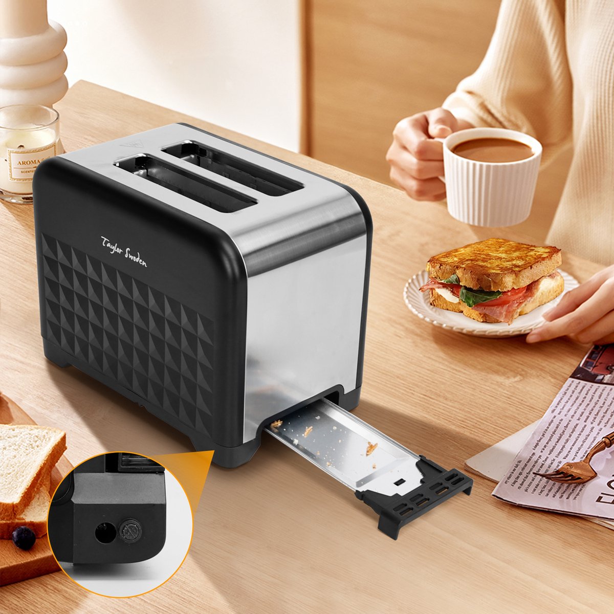 Grille-Pain Tarlor Swoden 2 Fentes Extra-Larges 930W - 7 Niveaux, Décongélation, Noir
