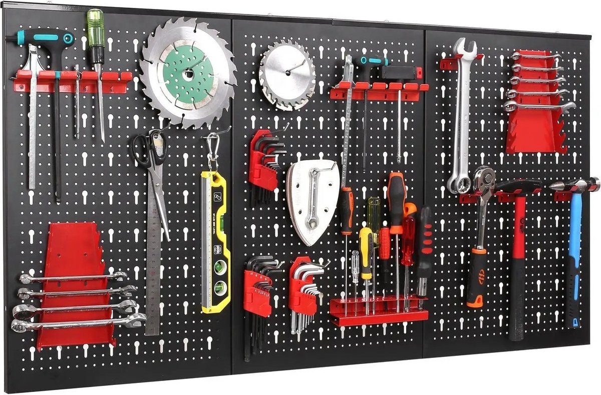 Gereedschapswand Set - Geperforeerde Metalen Wandplaat - Gereedschapshouder - Inclusief 17 Haakbeugels voor Gereedschapsopslag - Perforatieplaat van Plaatstaal voor Werkplaats of Garage - 120x60x2 cm