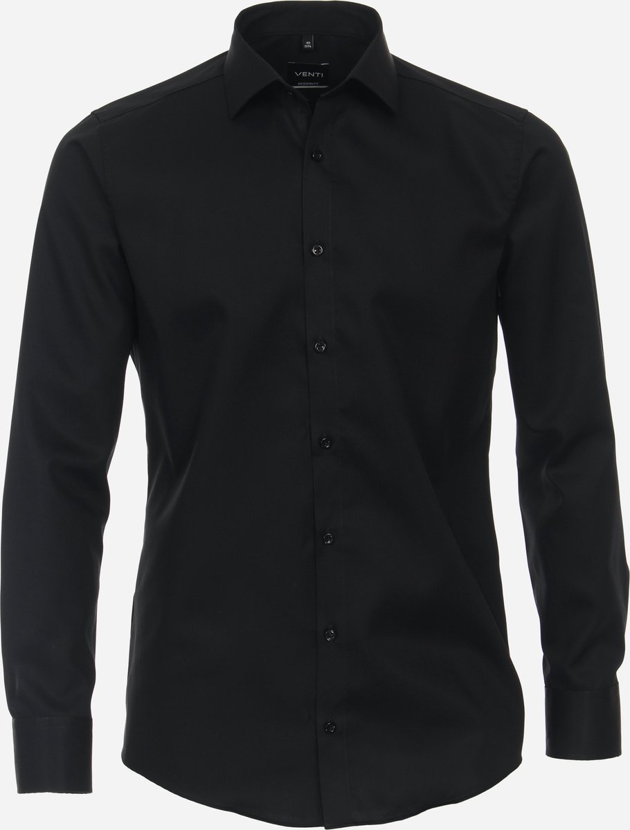 VENTI modern fit overhemd - mouwlengte 7 - twill - zwart - Strijkvriendelijk - Boordmaat: 46