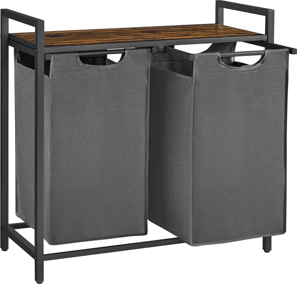 Goedkoopste FurnStar - Wasmand - Wasmand met 2 compartimenten - Uittrekbare en verwijderbare waszakken - Wassorteerder - Plank - Metalen frame - 2 x 46L - 73 x 33 x 72 cm - Rustiek bruin en grijs