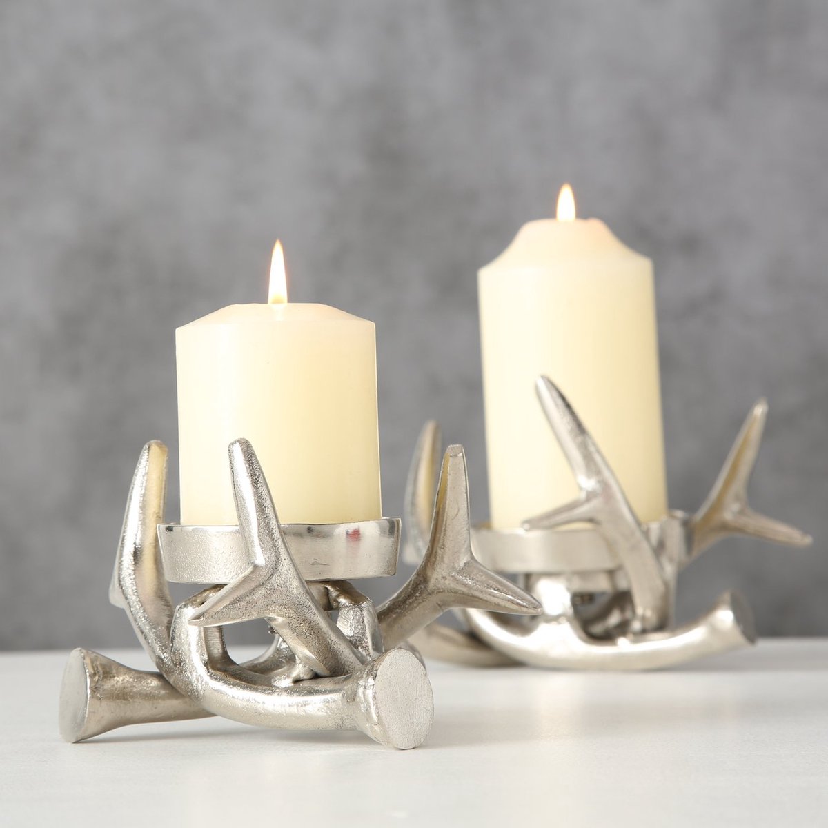 Boltze Kandelaar - Gewei - Aluminium - 2 set - 9x13cm - 13x17cm - Kaars Ø6,5cm - KaarsØ8cm - Zilver