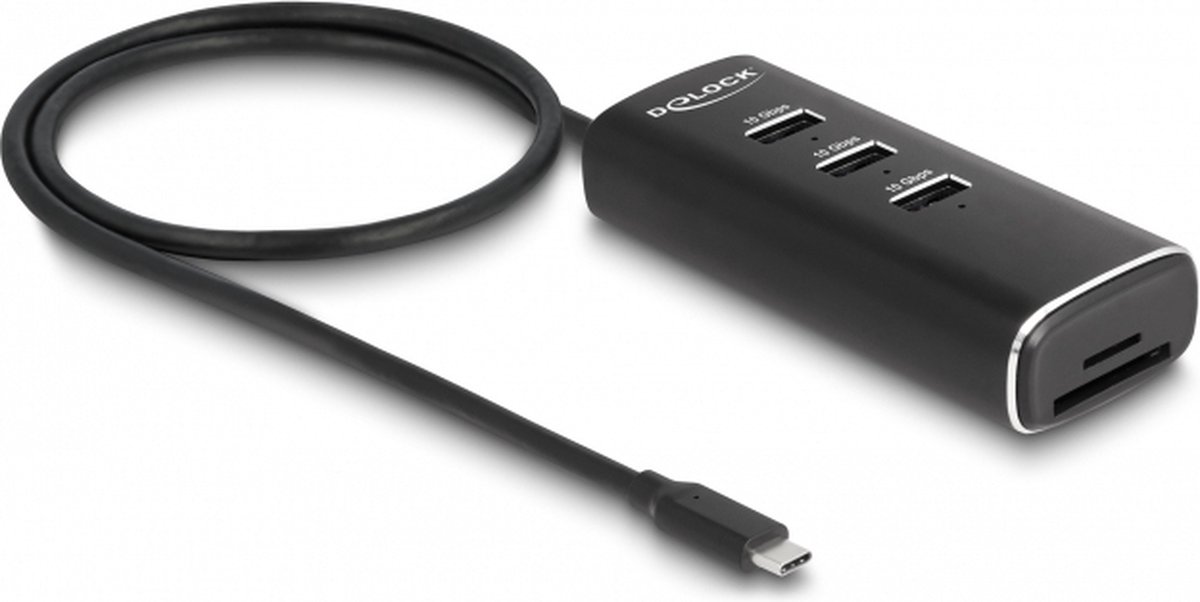 Delock 3 Port USB 10 Gbps Hub including SD and Micro SD Card Reader with USB Type-C™ connector 60 cm Cable and Switch for each port
