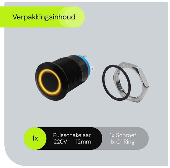 Interrupteur momentané métallique ProRide 220 V OFF-(ON) - 12 mm - Interrupteur momentané - Résistant aux éclaboussures - Indication LED jaune