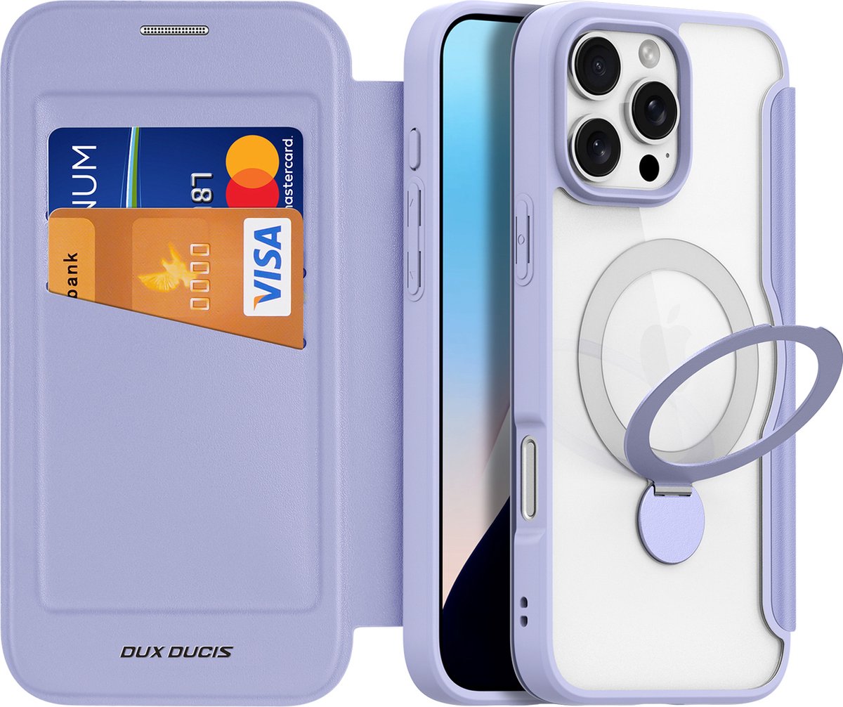 Dux Ducis - Telefoon Hoesje geschikt voor Apple iPhone 16 Pro - Hoesje geschikt voor Magsafe magneet - Uitklapbare 360° ring standaard - Skin X Pro - Book Case - Paars
