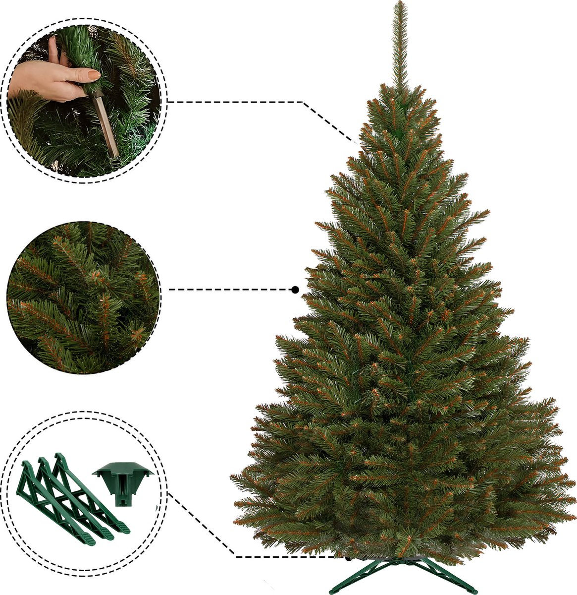 FAIRYTREES 220cm Sapin De Noël Artificiel Épicéa - Socle En Bois - Diamètre 135cm - Maison