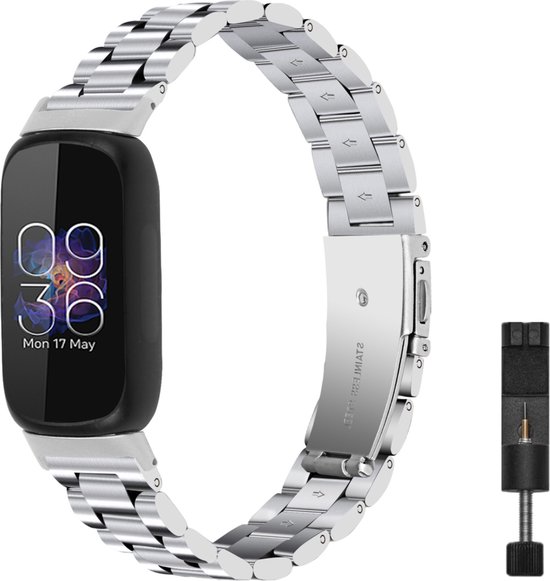 Zilverkleurig metalen horlogebandje met gesp, voor Fitbit Inspire 3. Met tool.