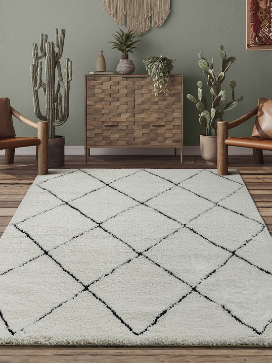 The Carpet Bahar Shaggy Tapis de Salon à Poils Longs (30 mm), White Noir, 120 x 170 cm