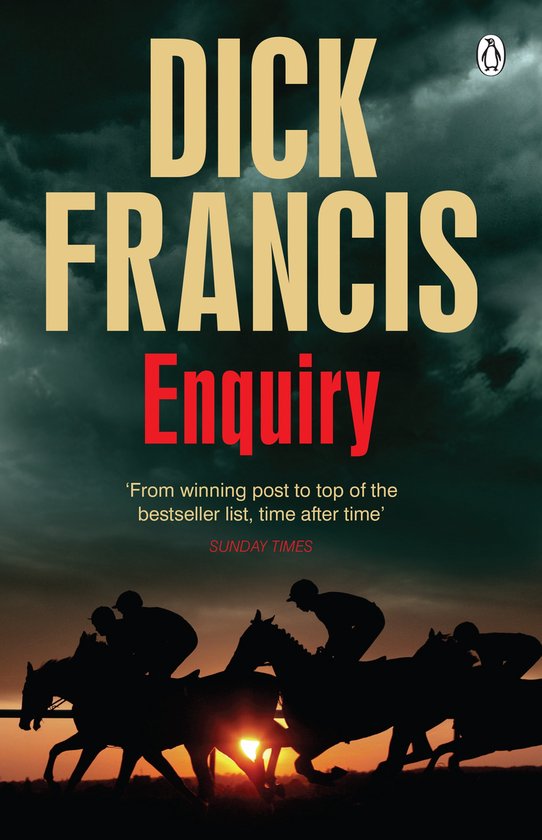 Boek 'Enquiry' van Dick Francis met jockey's te paard, bij zonsondergang.