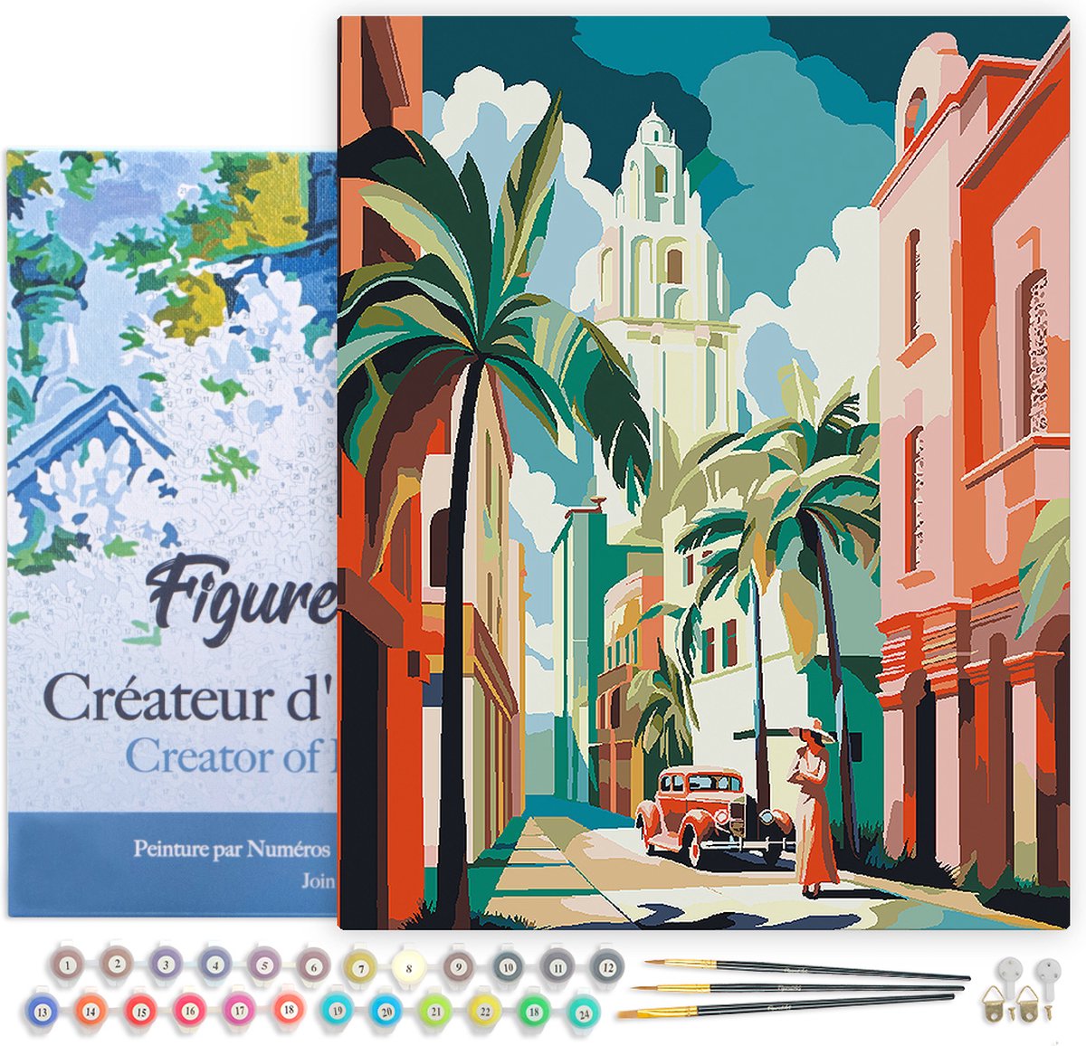 Figured'Art Schilderen op Nummer Volwassenen met lijst Cuba Art Deco- Handwerk acrylverf Kit DIY Compleet - 40x50cm Canvas al ingelijst