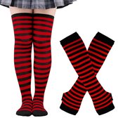 Armwarmers - Damessokken - Gestreepte kniekousen - Armwarmers zonder vingers - Dames lange vingerloze sokken - Handschoenen gebreid - Armwarmers - Duimgat elastische handschoenen (1 set zwarte en rode strepen)