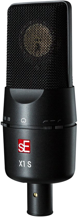 Zwarte microfoon met SE X1 S logo, schroefring en bedieningselementen.