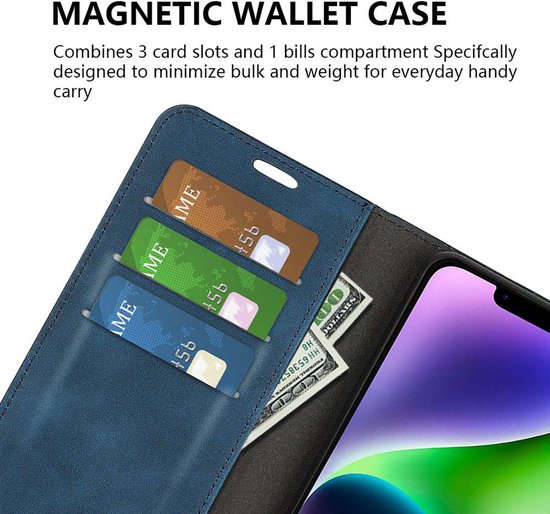 Blauw telefoonhoesje met drie pasjes, bankbiljetten en een telefoon met paarse en groene achtergrond.
