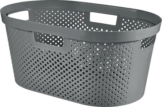 Wasmand PLastik XL, set van 2, wasbak, ergonomische handgrepen, 68 x 46 x 25 cm, 38 liter, Made in EU, grijs