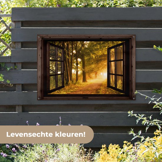 Tuinposter 120x80 cm - Tuindecoratie Bos - Bomen - Zonlicht - Herfst - Bospad - Natuur - Doorkijk - Poster voor in de tuin - Buiten decoratie - Schutting tuinschilderij - Tuindoek muurdecoratie - Wanddecoratie balkondoek