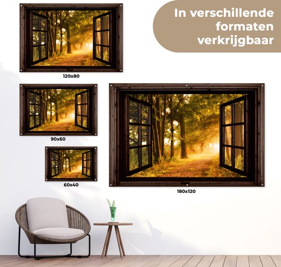Tuinposter 120x80 cm - Tuindecoratie Bos - Bomen - Zonlicht - Herfst - Bospad - Natuur - Doorkijk - Poster voor in de tuin - Buiten decoratie - Schutting tuinschilderij - Tuindoek muurdecoratie - Wanddecoratie balkondoek