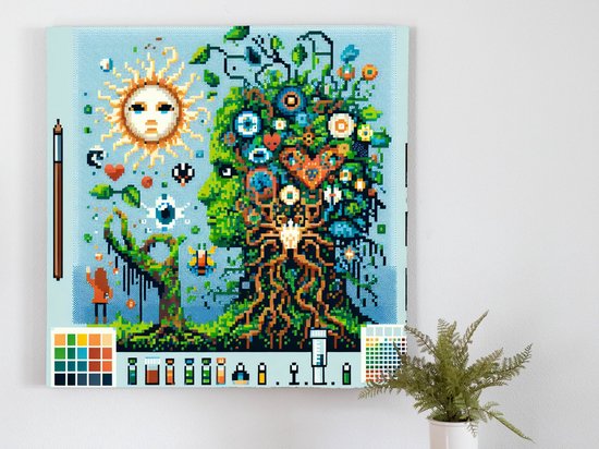 Pixel art mos schilderij | Groen getinte pixelkunst brengt de natuur tot leven | Kunst - 50x50 centimeter op Dibond | Foto op Dibond