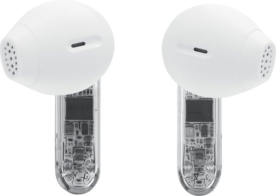 Twee witte JBL Tune Flex 2 oordopjes met transparante onderkant, close-up.