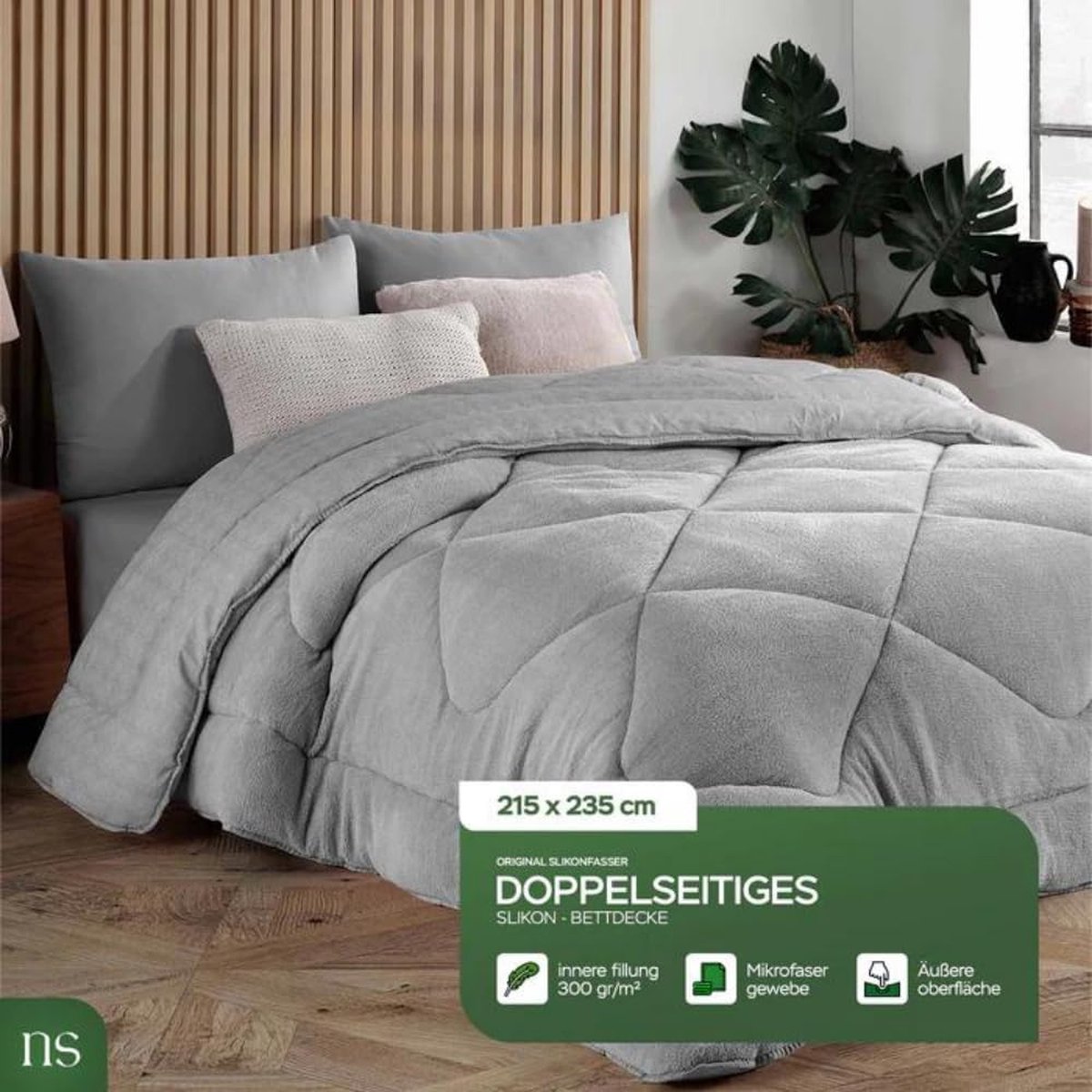 NORDIC SCHILLER Dubbelzijdig dekbed, 215 cm x 235 cm dekbed , 4-seizoenen dekbed, dubbel dekbed, wasbaar dekbed, 100% katoenen dekbed, grijs