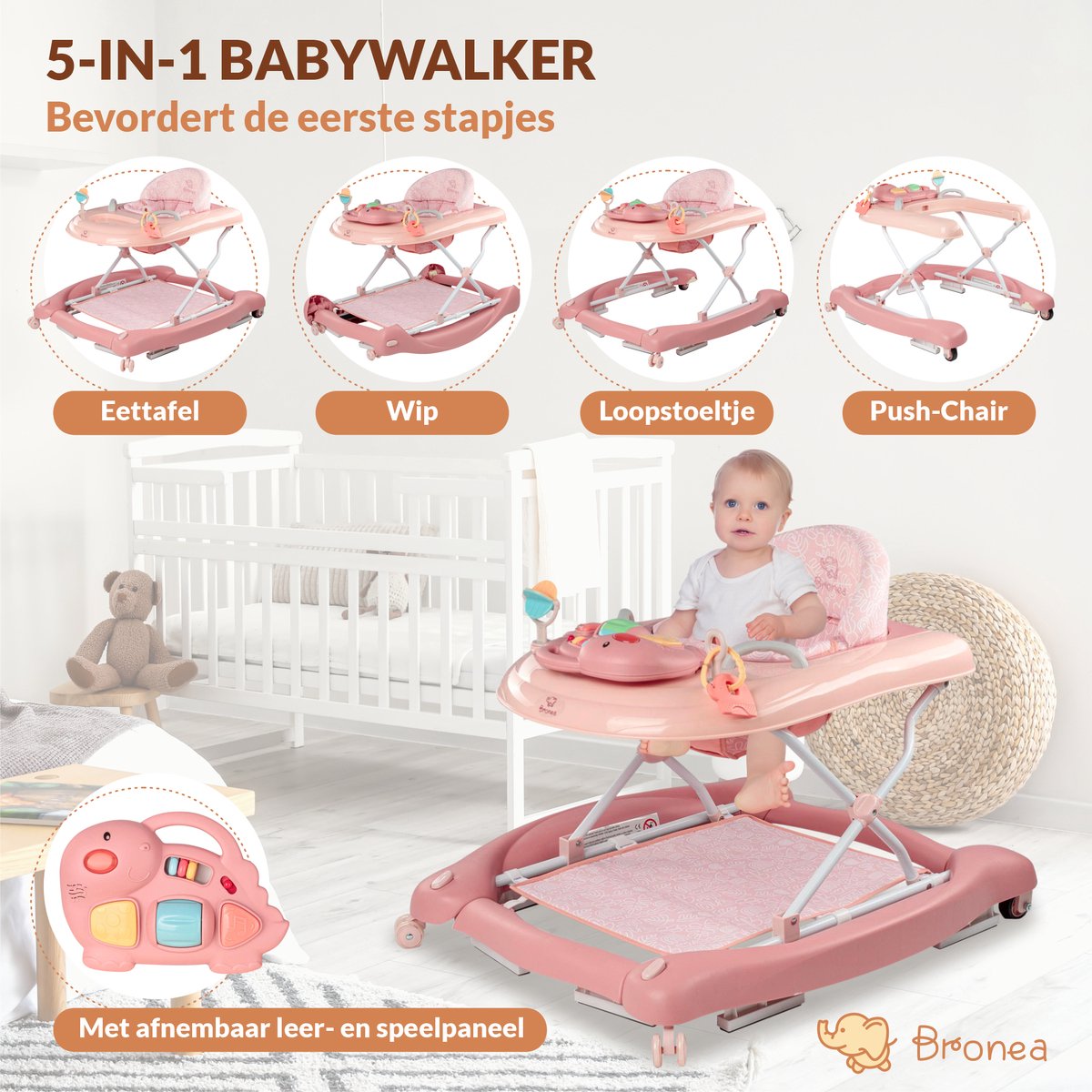 BRONEA® 5-in-1 Loopstoeltje voor baby's | Babywalker met schommelfunctie, muziek & licht | Afneembaar speelpaneel | Loopstoel in hoogte verstelbaar & inklapbaar | Rose – foto 7
