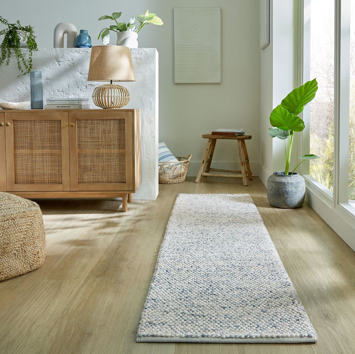 flycarpets Loper - Minerals Uni vloerkleed - Laagpolig - Wol - Bolletjes Modern - Blauw 60 x 230 cm