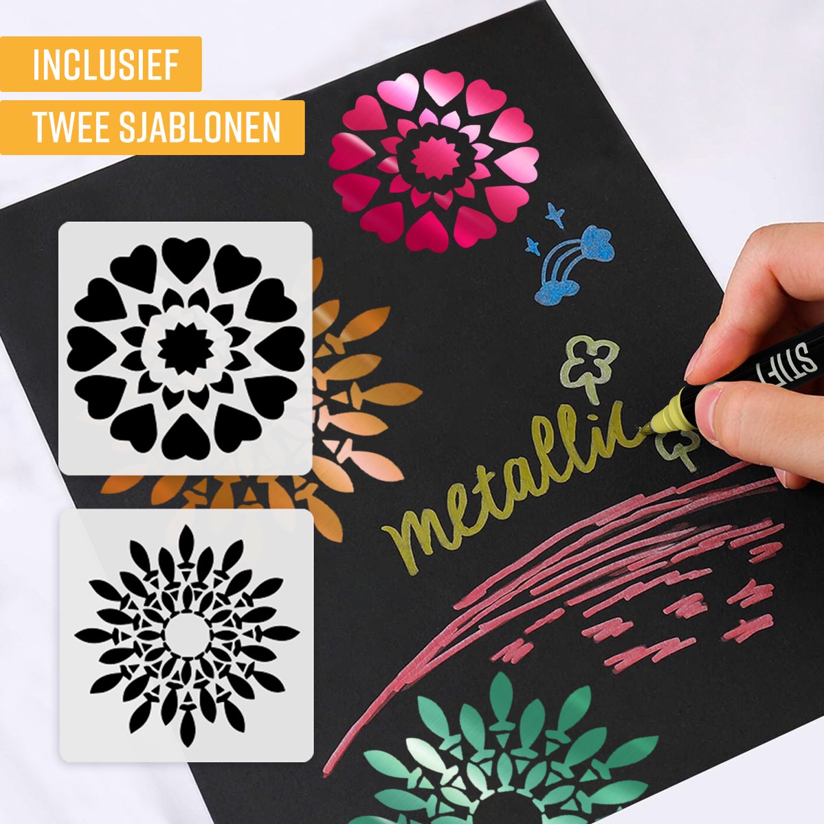 Napi Acrylstiften 12st Metallic - Brush en Fine Tip Twinmarkers - Verfstiften Happy Stones - Stenen Schilderen met Acryl Verf Marker Stiften - Volwassenen en Kinderen - Incl. 2 Mandala Sjablonen — afbeelding 5