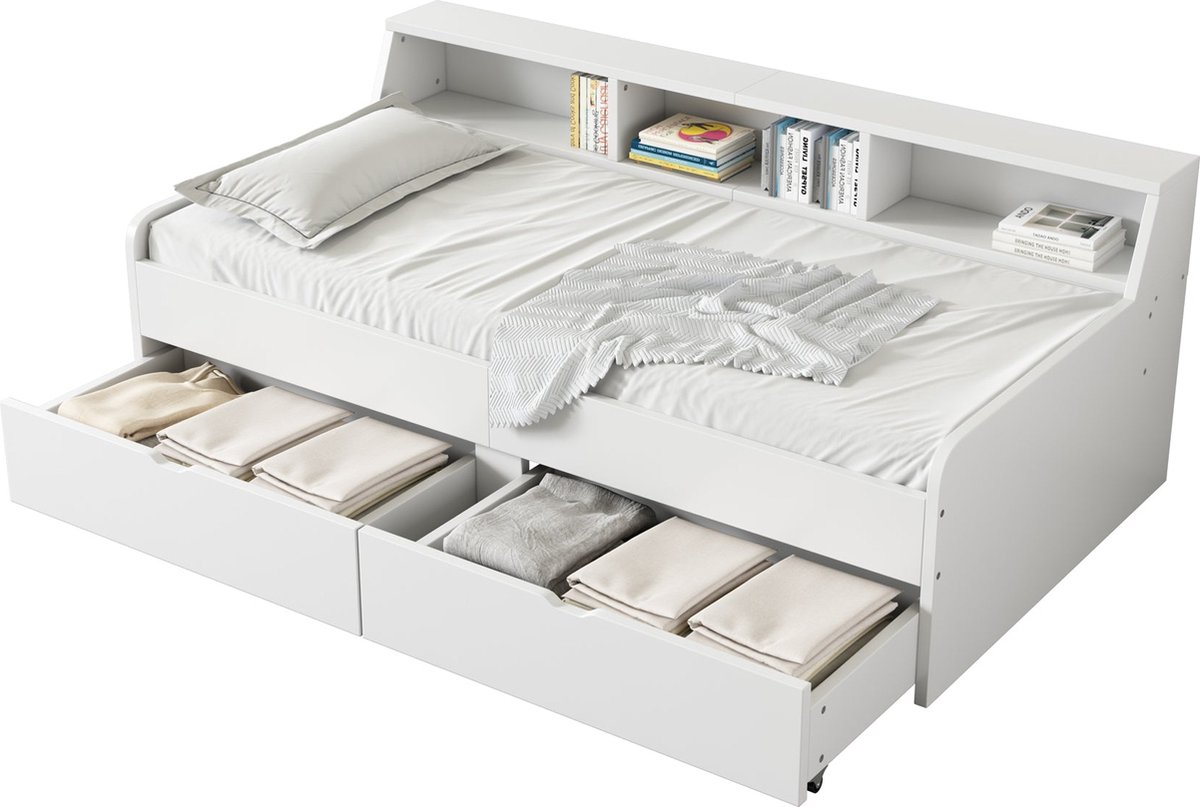 Merax Houten Eenpersoonsbed met Opbergruimte - Bed met 2 Opberglades - Stijvol Design - Wit