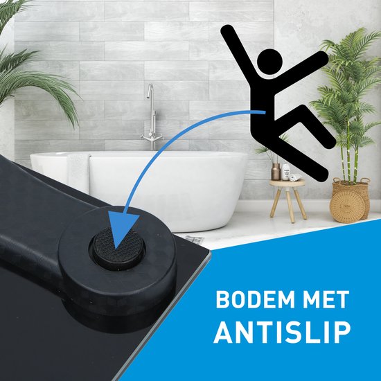 Zwarte weegschaal met antislip bodem en een icoon van een vallend persoon.