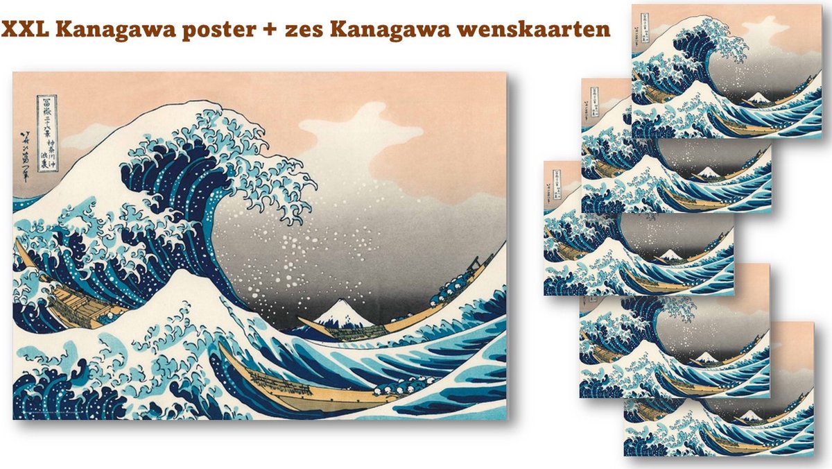 Posterpoint XXL Kanagawa poster + Zes kanagawa wenskaarten inclusief enveloppes - Hokusai - Formaat poster 84 x 120 cm - Formaat wenskaarten 10 x 15 cm Multi