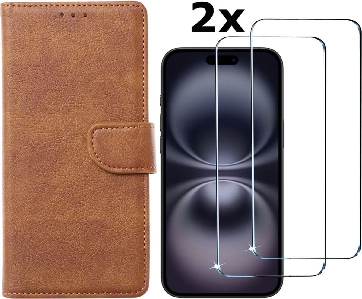 Hoesje Geschikt voor iPhone 16 Plus hoesje bookcase met 2 stuks screenprotectors – Bruin