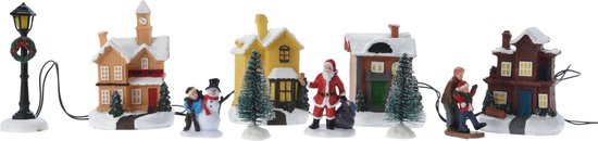 Kerstdorp huisjes en figuurtjes - set 10-delig - met led verlichting - kerstdorpjes