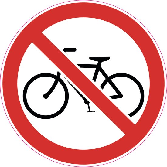 Verbodsteken: fiets met een schuine rode streep erdoor op een witte cirkel met rode rand.