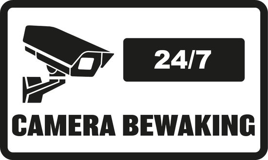 Zwart-witte sticker met een camera-icoon, tekst "24/7" en "CAMERA BEWAKING".