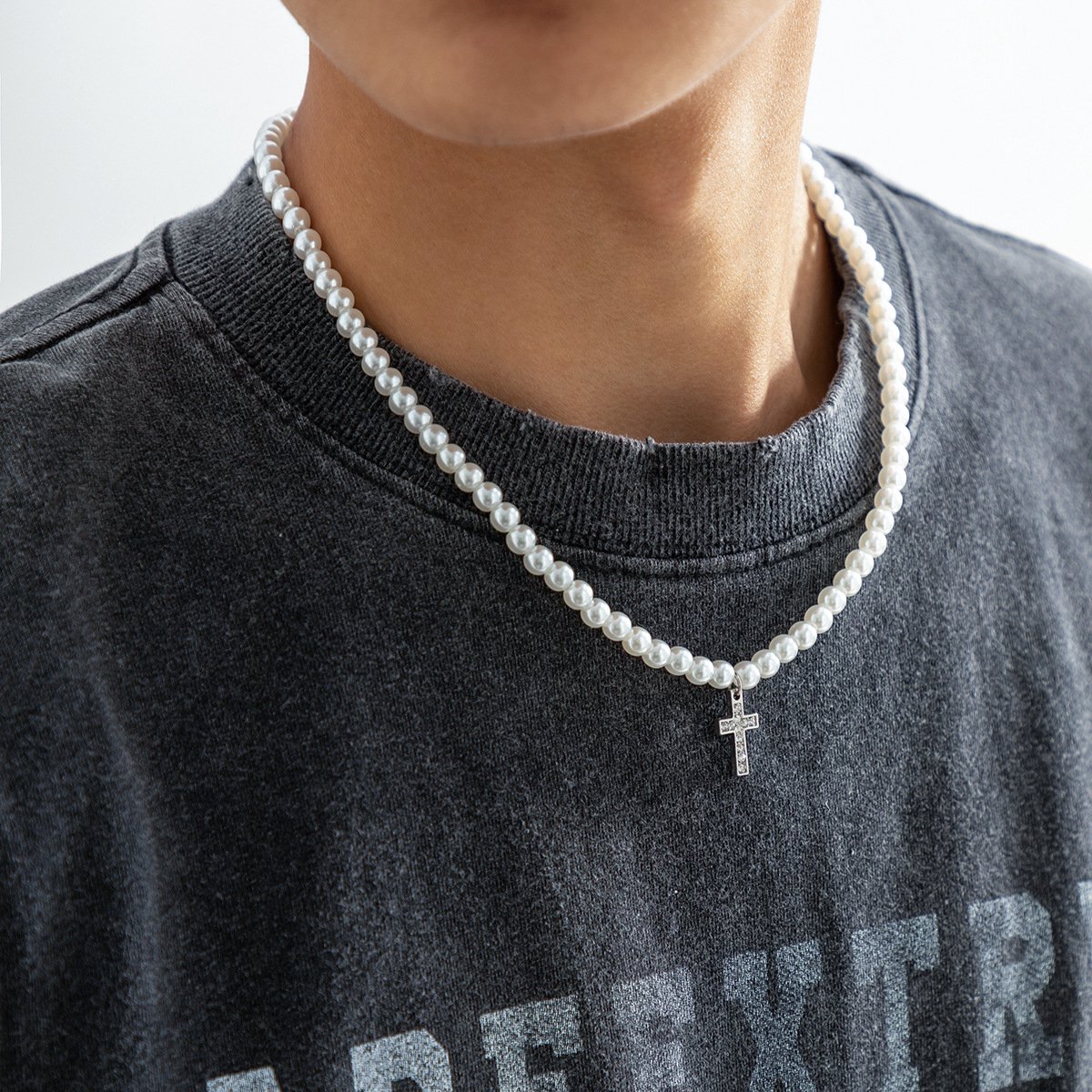 Helin life Klassieke ketting heren&ketting dames-ketting met hanger- Kralenketting-Schakelketting-Staal &parel- Diamond Cross-45+7cm -Geschenkdoos en wenskaart-Mannen&dames Cadeautjes-zilver