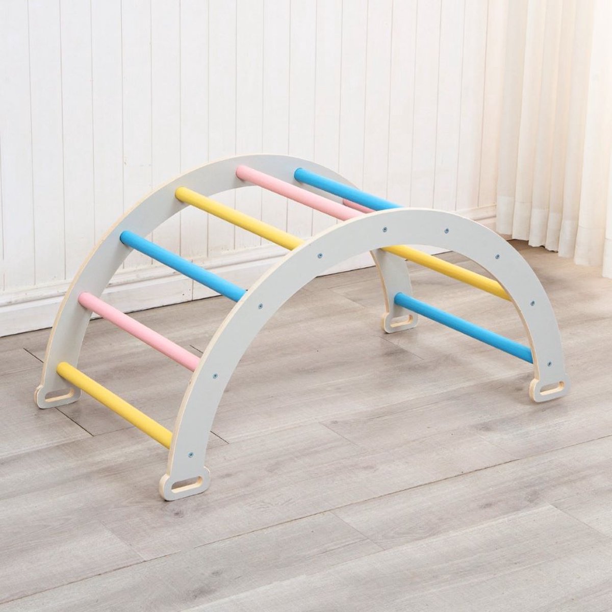 Buxibo XXL Klimrek - Opvouwbare Driehoek + Klimboog + Helling met Glijbaan - Montessori Meubels Houten Speelgym voor Binnen - Grijs - 210x83x81cm — afbeelding 8