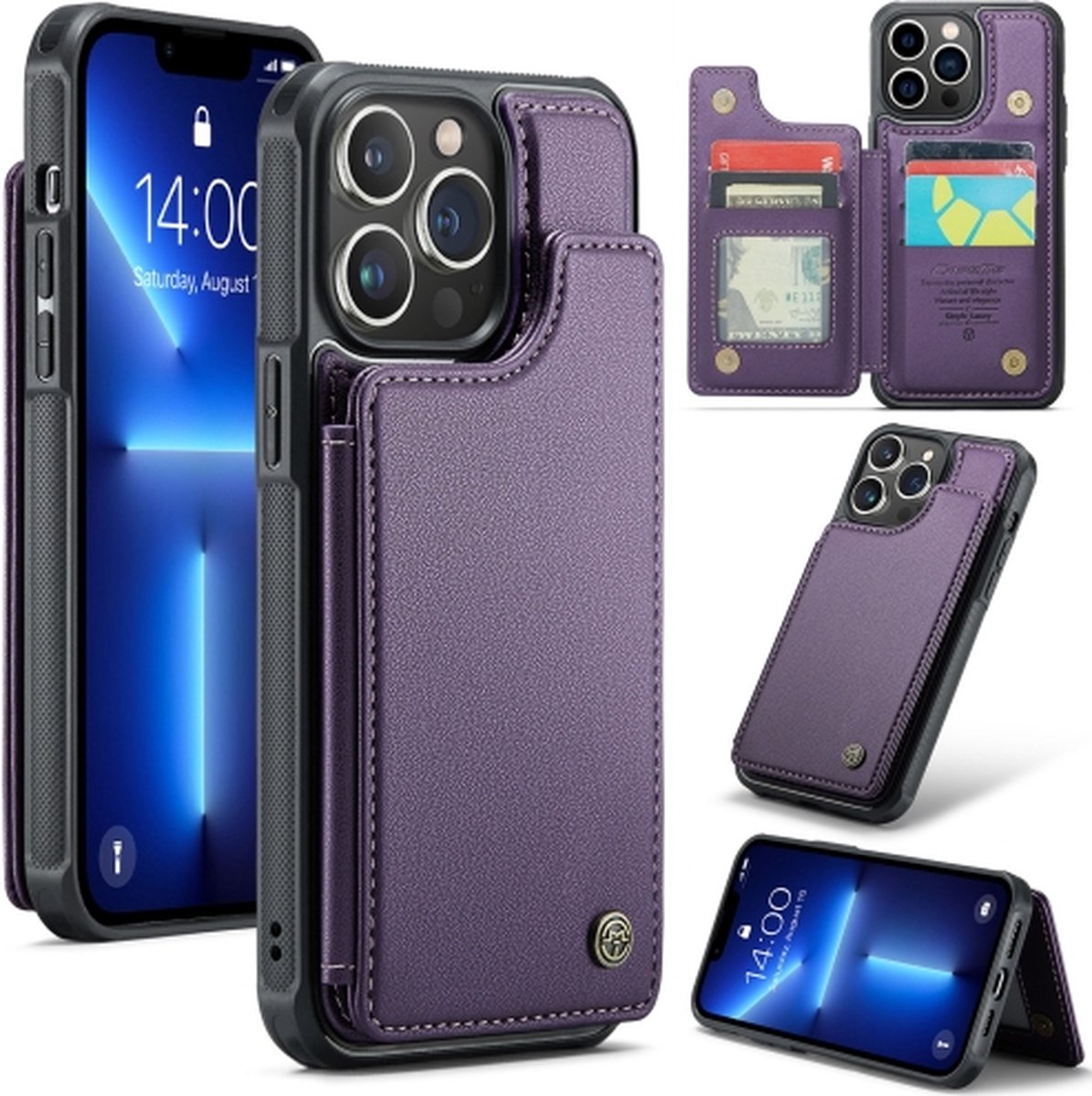 Luxe Portemonnee Backcover met Anti-RFID kaarthouders voor iPhone 13 Pro Max _ Paars