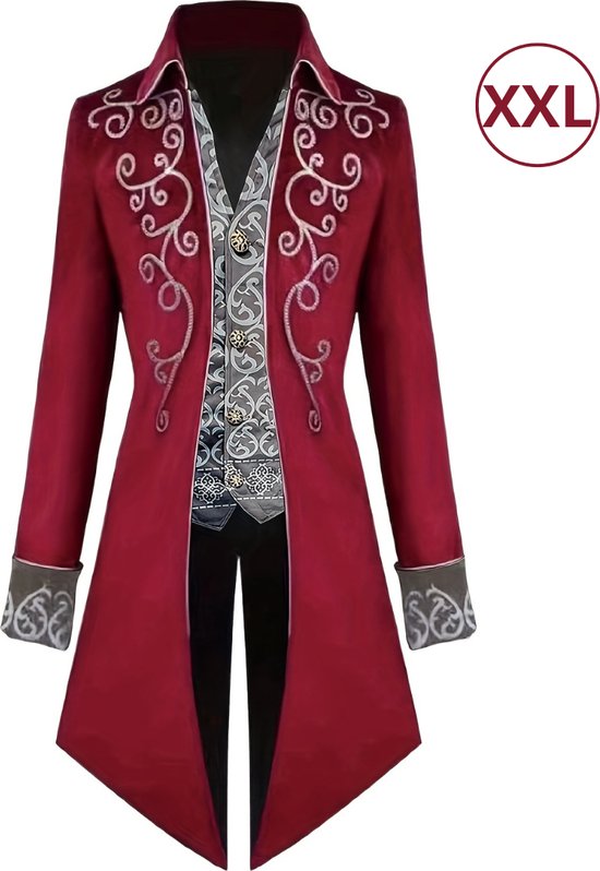 Veste steampunk rouge ornée de volutes argentées sur le col et les manches, portée sur un gilet à motifs gris et boutons. Taille XXL.
