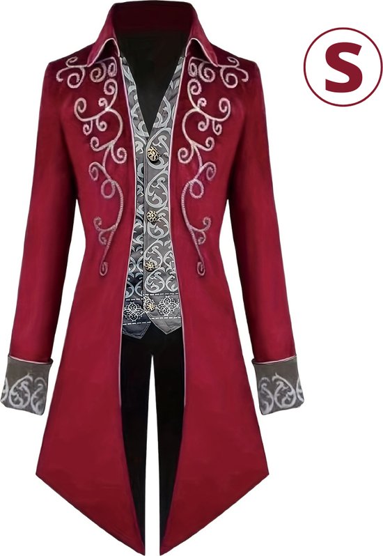 Veste rouge avec col, ornements argentés et gilet gris à boutons. Taille S.