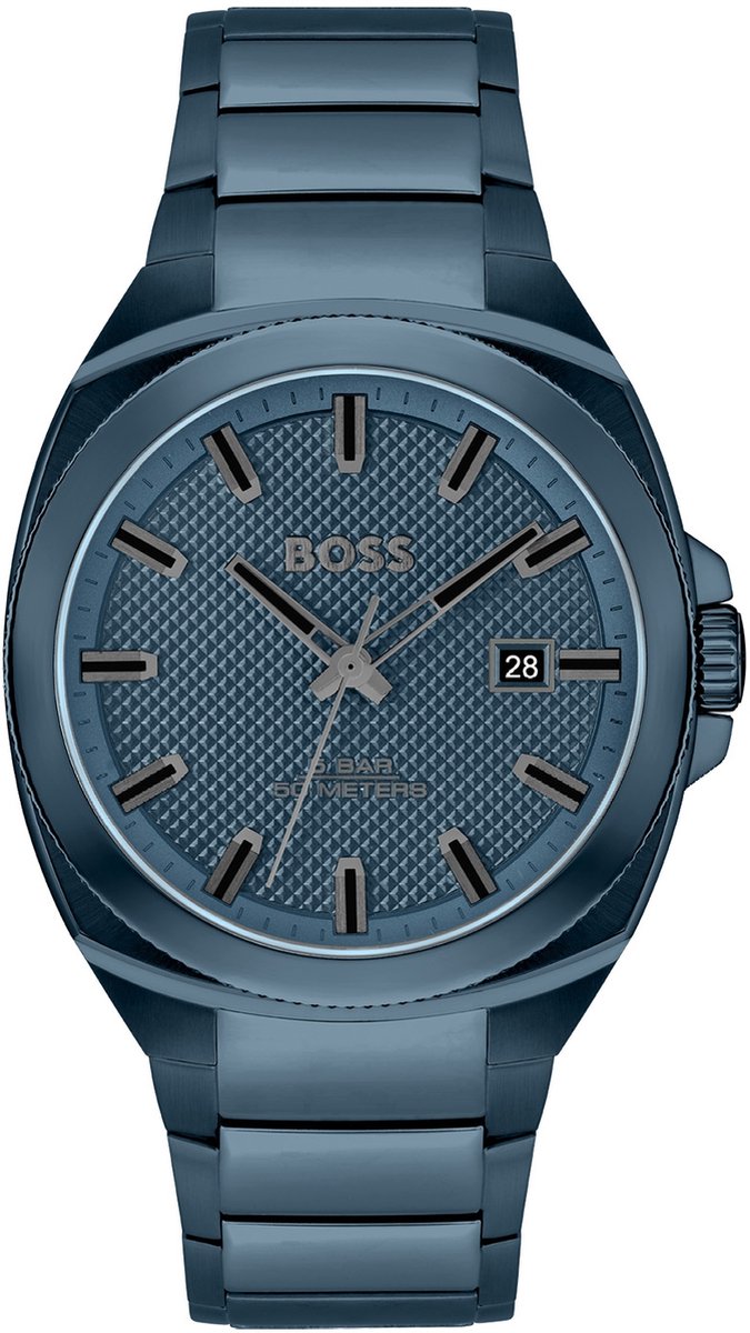 BOSS HB1514138 WALKER Heren Horloge - Mineraalglas - Staal - Blauw - 41 mm breed - Quartz - Vouw-Vlindersluiting - 5 ATM (douchen)