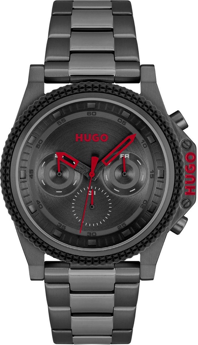 HUGO HU1530348 #BRAVE Heren Horloge - Mineraalglas - Staal - Zwart - 46 mm breed - Quartz - Vouw-Vlindersluiting - 5 ATM (douchen)