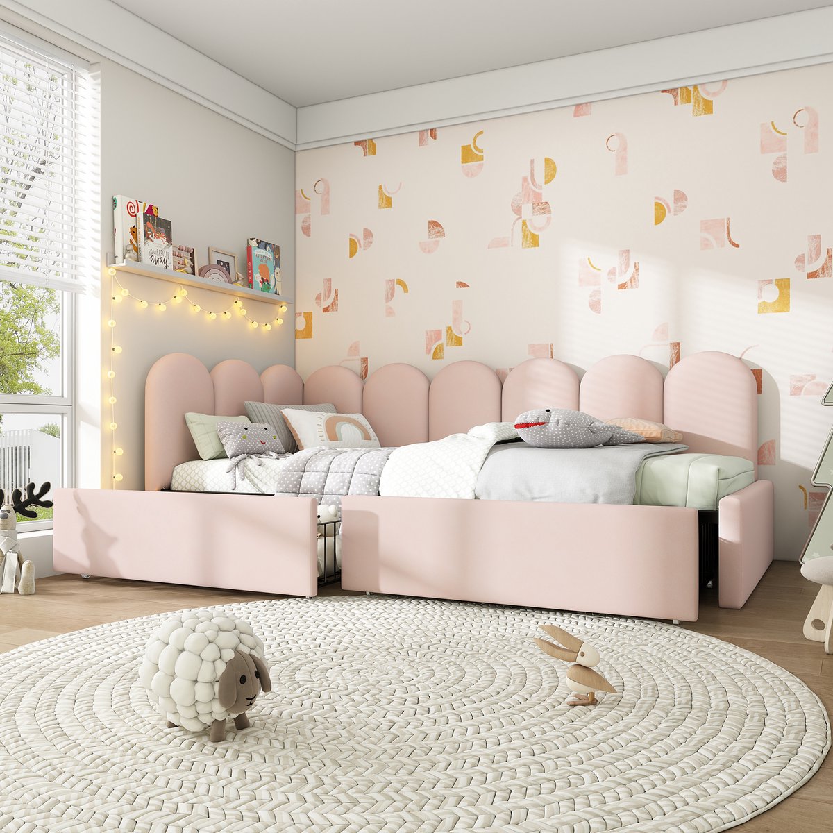 Gestoffeerd bed Eenpersoonsbed Opbergbed met Lades Fluwelen slaapbank 90x200cm Jeugdbed en volwassen bed met Vlak noedelsframe, Roze (zonder matras) — cadeau in Cadeau-ideeën - foto 5