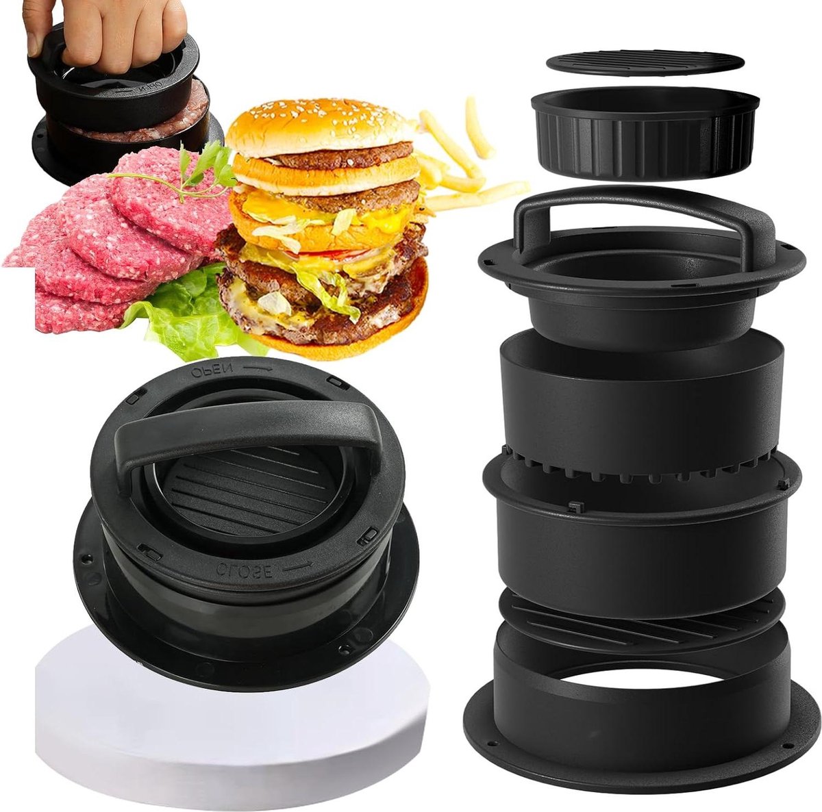 Burgerpers 3-in-1 met 100 vellen hamburgerpapier - Handvat van ABS - 4 Patty-maten - Hamburgers en groenteburgers - HTML content toevoegen smash burger