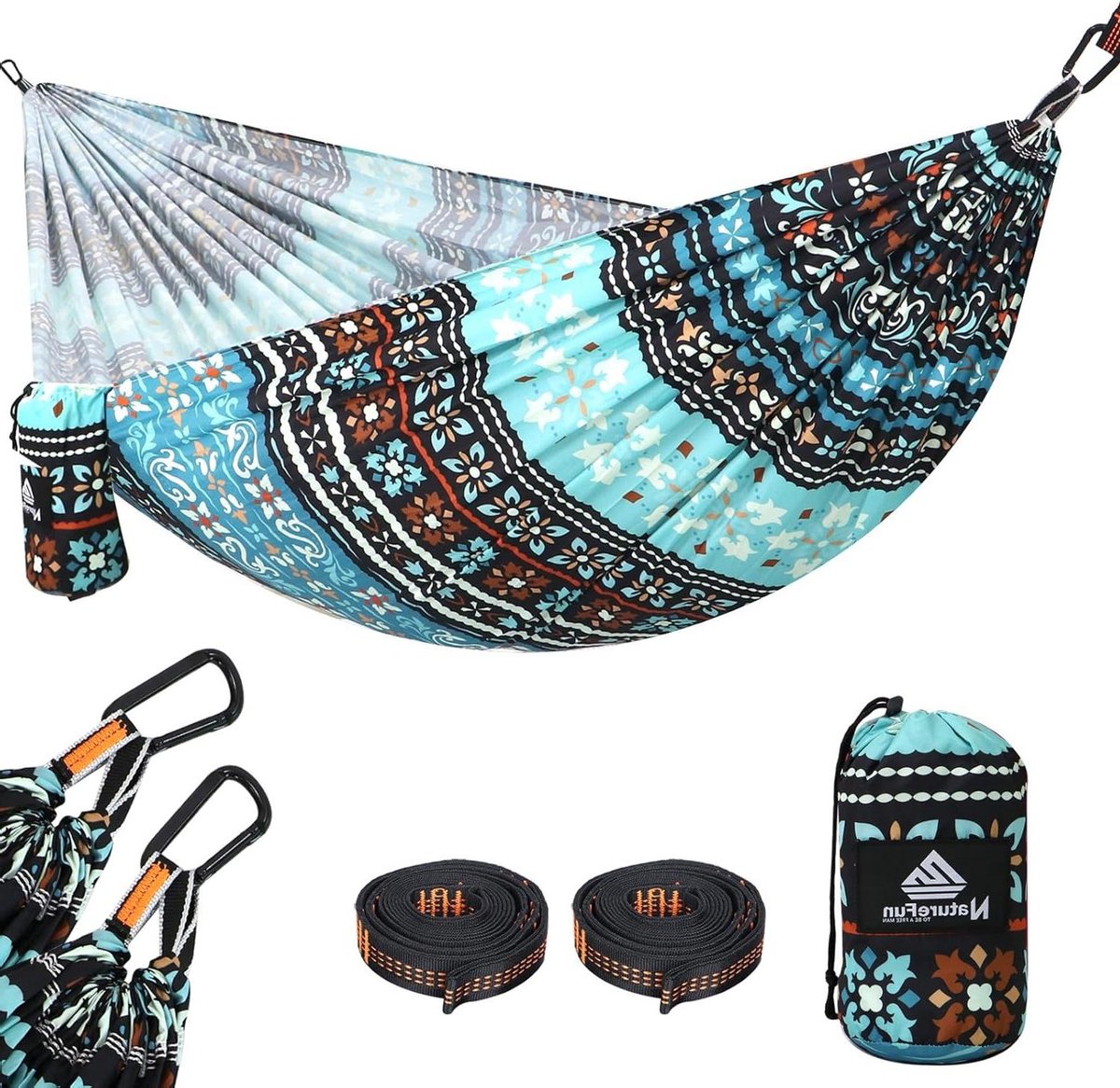 Ultralichte campinghangmat met 300 kg draagvermogen - ademend en sneldrogend - 275 x 140 cm - 2 karabijnhaken en nylon slingers inbegrepen hangmat